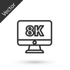Grey line Computer PC monitor display with 8k video technology icon isolated on white background. Vector
