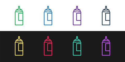 Set line Sauce bottle icon isolated on black and white background. Ketchup, mustard and mayonnaise bottles with sauce for fast food. Vector