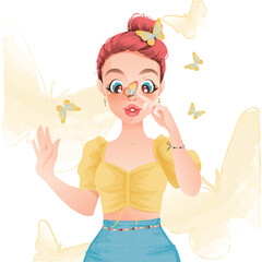 Beautiful colorful butterflies flying around a pink haired woman on a warm day