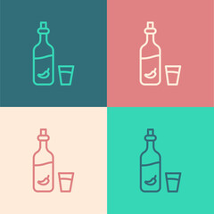 Pop art line Vodka with pepper and glass icon isolated on color background. Ukrainian national alcohol. Vector