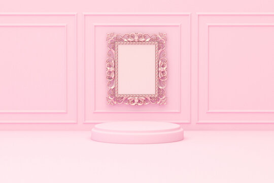 3D podium display, pastel pink background with classic frame picture on the wall Minimal pedestal for beauty, cosmetic product. Holiday, feminine copy space template 3d render
