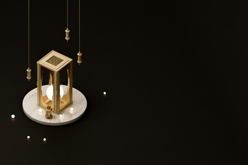 3d rendering of modern islamic theme banners. Geometric gold lanterns with light bulbs inside and podium marble. Eid adha, Eid Mubarak, copy space text area