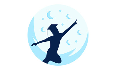 Man dancing with graduation cap and moon on background logo designs