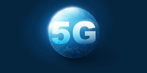 Dark Blue 5G Network Label with Mesh Around Globe - Background, High Speed Broadband Mobile Telecommunication and Wireless Internet Design, New Cutting Edge Global Mobile Technology Concept