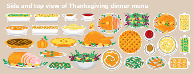 Illustration vector flat cartoon of food on happy Thanksgiving menu on dinner table as feast concept. Set of food on harvest festival on autumn. Roasted turkey and side dishes