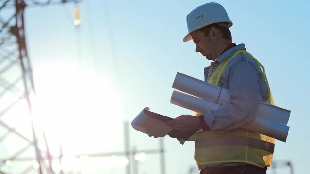 Foreman stands on construction site and holds drawings on paper in hands. Man shows hand where future construction be according to plan. Field with telecommunications tower. Male in protective helmet