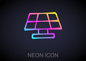 Glowing neon line Solar energy panel icon isolated on black background. Vector