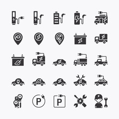 electric vehicle logo flat black icons set. EV ECO clean energy technology icon. simple design vector