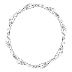 Round frame made of wheat or rye ears. Vector autumn wreath, border hand drawn in Doodle style, black outline isolated on white background