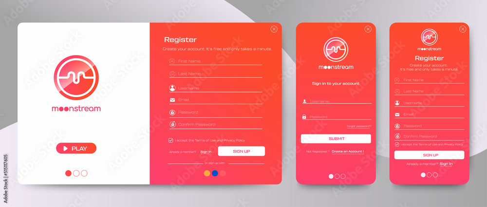 Poster set of sign up and sign in forms. red gradient. mobile registration and web login forms page. profes