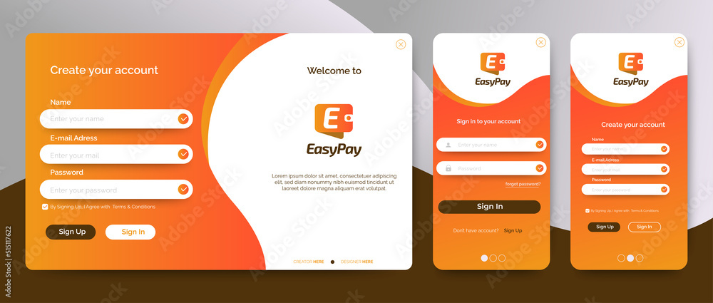 Poster set of sign up and sign in forms. orange gradient. mobile registration and login forms page. profess