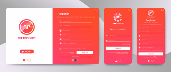 Set of Sign Up and Sign In forms. Red gradient. Mobile Registration and web login forms page. Professional web design, full set of elements. User-friendly design materials.