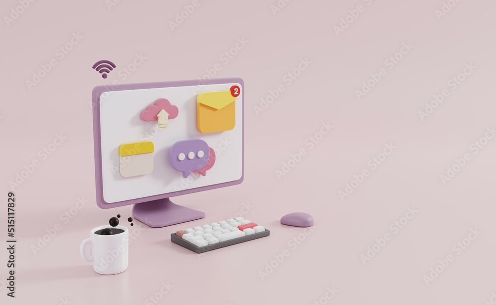 Poster modern desktop with notifications of messengers on pastel color background. minimal desktop pc with 
