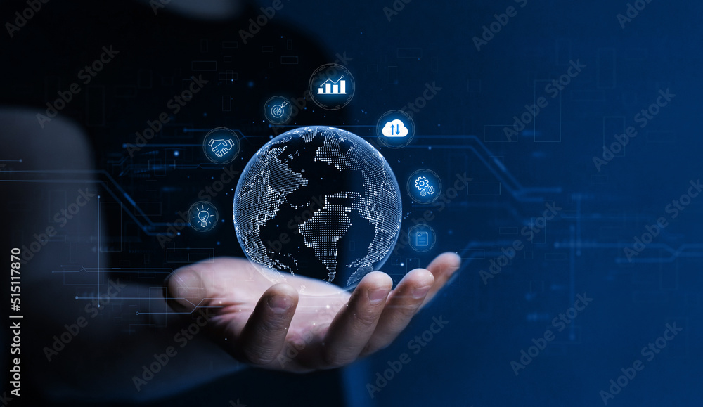 Poster big data, digital marketing and link tech concept. global business internet connection application t