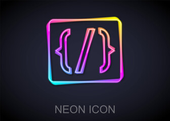 Glowing neon line Programming language syntax icon isolated on black background. Syntax programming file system. Vector - obrazy, fototapety, plakaty
