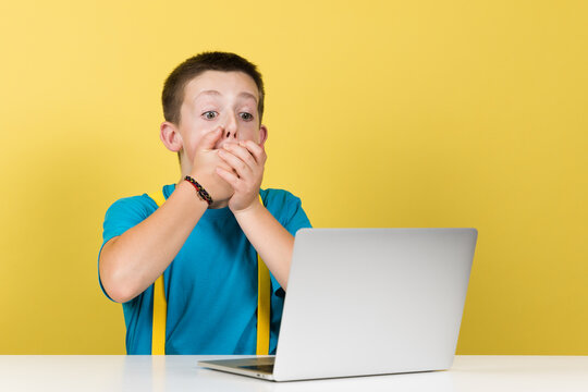 Repentant boy hands on mouth. Surprised teenager in front of laptop. - Powered by Adobe