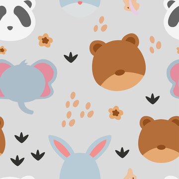 seamless pattern with cute animals and flowers. Animal heads cartoon background for baby textile, wrapping paper, background, wallpaper in vector.
