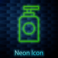 Glowing neon line Tube of hand cream icon isolated on brick wall background. Vector