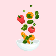 Vegetable salad bowl. Variety of healthy vegetables flying in the air to a ceramic, white bowl. Trendy vector illustration for web and print poster design. Isolated salad bowl.