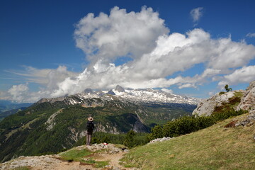 Fototapeta na wymiar Panoramic view from Mount Stoderzinken (Grobming in the Enns Valley), Salzkammergut, Styria, Austria, Europe, with the Dachstein mountain range