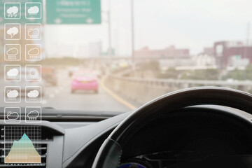 Environment and meteorology data forecast symbol for travel industry presentation and report background with image from car interior show blurry bright traffic on expressway.