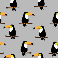 Simple bird pattern. Gray background, funny toucans birds. Print suitable for textiles, banners and Wallpapers.