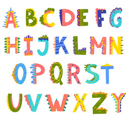 Cartoon Color Comic Dino Alphabet Set Flat Design Style. Vector illustration of Cute Dinosaur Hand Drawn Letters