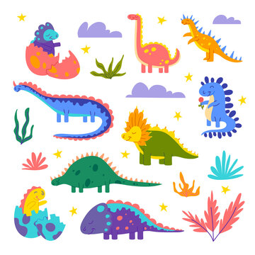 Cartoon Color Characters Cute Dinosaurus Icons Set Flat Design Style Jurassic Animal. Vector illustration of Dino Mascot Icon