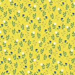 Simple vintage pattern. Small white and blue flowers, green leaves. Yellow background. Fashionable print for textiles and wallpaper.