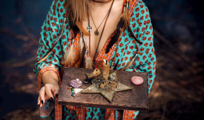 Healing energy concept, crystal's and candles, reiki session, bioenergy for mental health