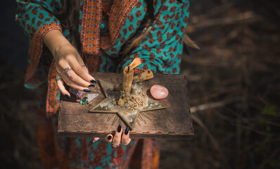 Healing energy concept, crystal's and candles, reiki session, bioenergy for mental health