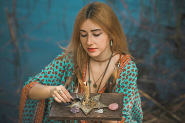Healing energy concept, crystal's and candles, reiki session, bioenergy for mental health