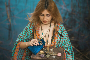 Healing energy concept, crystal's and candles, reiki session, bioenergy for mental health