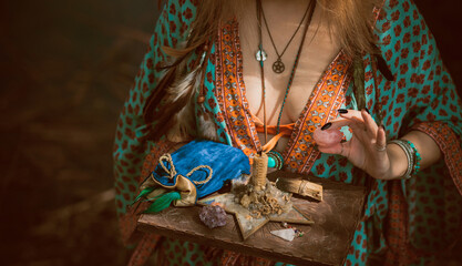 Healing energy concept, crystal's and candles, reiki session, bioenergy for mental health