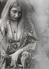 Healing energy concept, crystal's and candles, reiki session, bioenergy for mental health