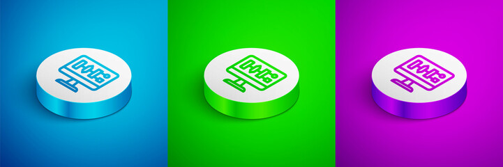 Isometric line Algorithm icon isolated on blue, green and purple background. Algorithm symbol design from Artificial Intelligence collection. White circle button. Vector