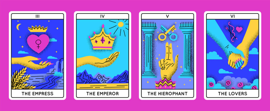 Cartoon Color Magical Tarot Cards Major Arcana Set Concept Flat Design Style Include of Hierophant, Emperor, Lovers and Empress. Vector illustration