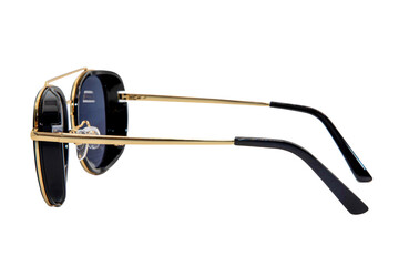 Trendy Sunglasses aviator style Gold frame with black lens isolated on white background side view