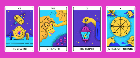 Cartoon Color Magical Tarot Cards Major Arcana Set Concept Flat Design Style Include of Chariot, Hermit, Strength and Wheel of Fortune. Vector illustration