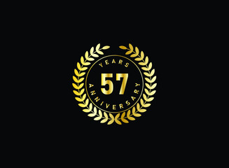 Naklejka premium 57th anniversary celebration with gold glitter color and white background. Vector design for celebrations, invitation cards and greeting cards.