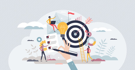Fototapeta Objective achievement or business goal success management tiny person concept. Aim and focus for work target vector illustration. Efficiency and ambition to accomplish perfect result. Accuracy winner. obraz