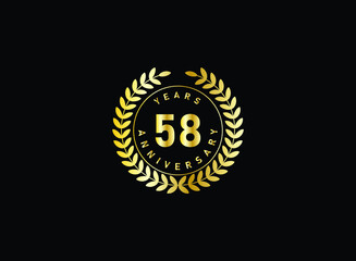58th anniversary celebration with gold glitter color and white background. Vector design for celebrations, invitation cards and greeting cards.