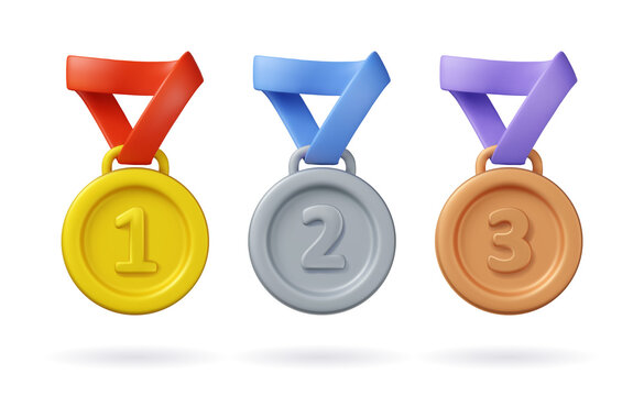 3d medal icon set. Gold, silver and bronze sport award for winner. Vector prize badge render illustration isolated on a white background