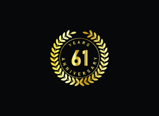 61th anniversary celebration with gold glitter color and white background. Vector design for celebrations, invitation cards and greeting cards.