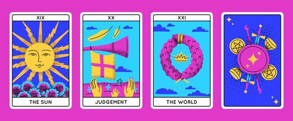 Cartoon Color Magical Tarot Cards Major Arcana Set Concept Flat Design Style Include of Sun, Judgement and World. Vector illustration - obrazy, fototapety, plakaty