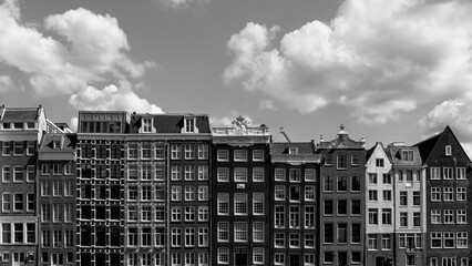Amsterdam canal houses in black and white