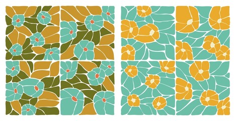 Abstract floral pattern. Retro flowers design. Floral boxes. Floral vintage tiles. Square flowers.