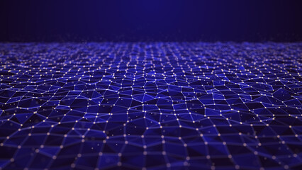 Futuristic glowing wave. The concept of big data. Network connection. Cybernetics. Abstract dark background of blue lines and triangles connected by white dots. 3d rendering.