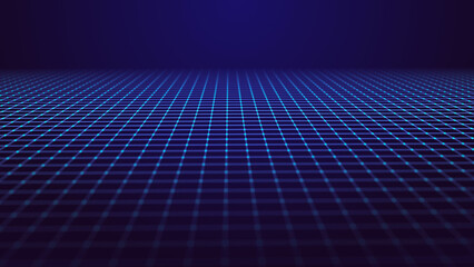 Perspective blue grid on a dark background. Futuristic illustration of a network connection. Big data. Background in the style of the 80s. 3d rendering.
