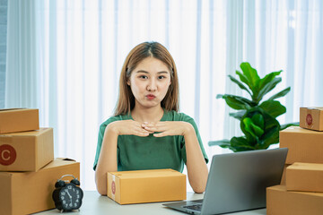 Independent SME Small Business Entrepreneur Portrait of an Asian woman working at home with a laptop taking orders and Online Marketing Packaging Shipping Boxes eCommerce business idea